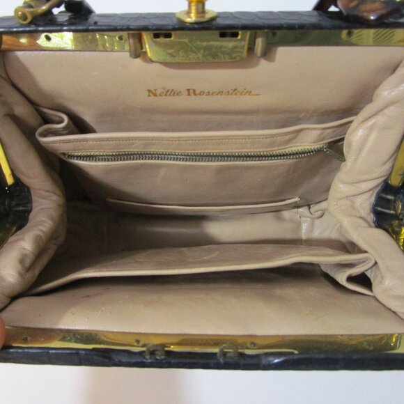 Crocodile Purse Top Handle Frame Vintage 1950s Glossy Black - Picture 16 of 16